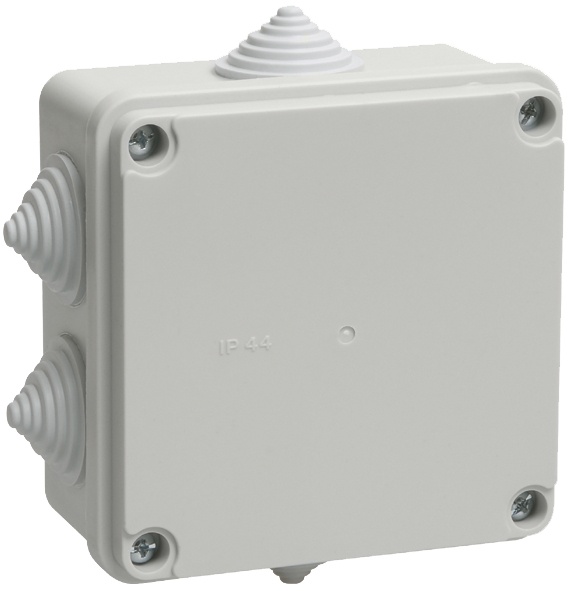 Коробка распаячная КМ41233 100х100х50 открытой проводки безгалогенная (HF) IP44 6 гермовводов серая (UKO11-100-100-050-K41-44)