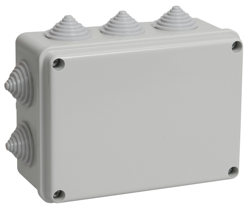 Коробка распаячная КМ41241 150х110х70 открытой проводки безгалогенная (HF) IP44 10 гермовводов серая (UKO10-150-110-070-K41-44)