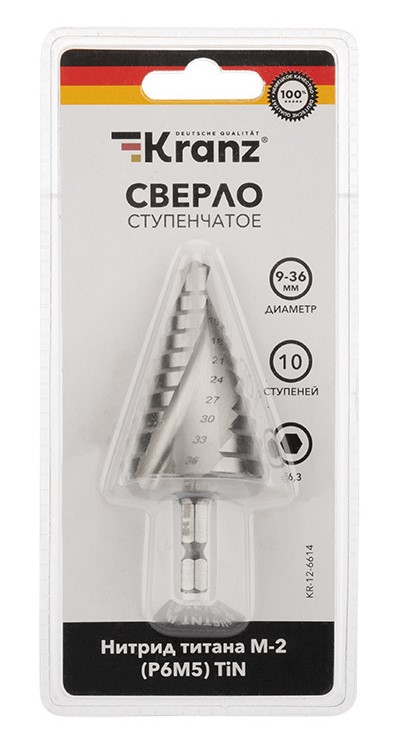 Сверло по металлу ступенчатое ТИТАН 9,0-36,0 мм 110mm 65 HRC Р6М5 TiN Kranz (KR-12-6614)