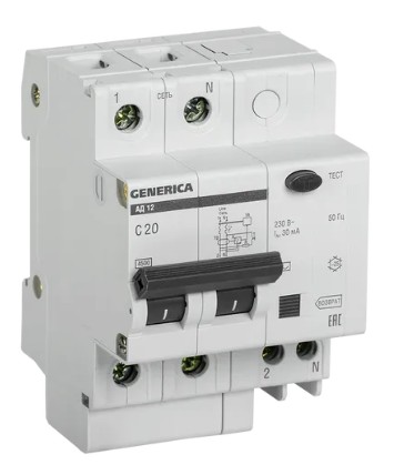 GENERICA АД12 2Р 20А 30мА (MAD15-2-020-C-030), автоматический выключатель дифференциального тока