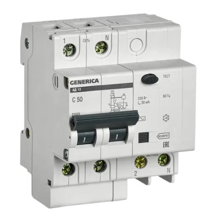 GENERICA АД12 2Р 50А 30мА (MAD15-2-050-C-030), автоматический выключатель дифференциального тока
