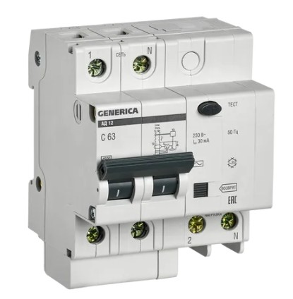 GENERICA АД12 2Р 63А 30мА (MAD15-2-063-C-030), автоматический выключатель дифференциального тока