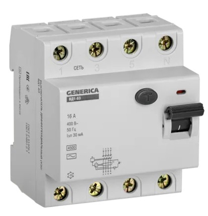 GENERICA ВД1-63 4Р 16А 30мА (MDV15-4-016-030), выключатель дифференциального тока