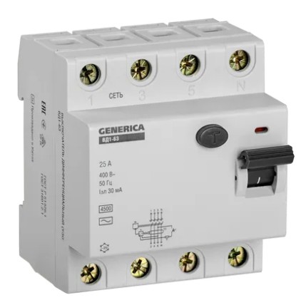GENERICA ВД1-63 4Р 25А 30мА (MDV15-4-025-030), выключатель дифференциального тока