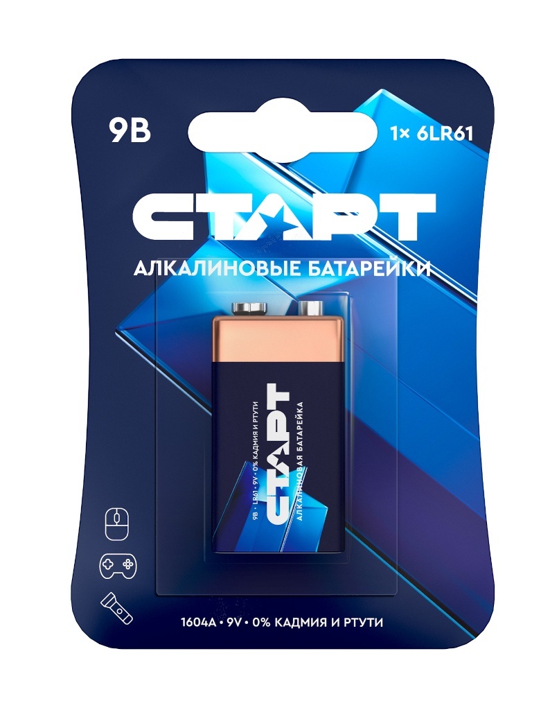 СТАРТ 6LR61-BL1 (9 В, Крона, 6LR61), БЛИСТЕР, алкалиновая батарейка