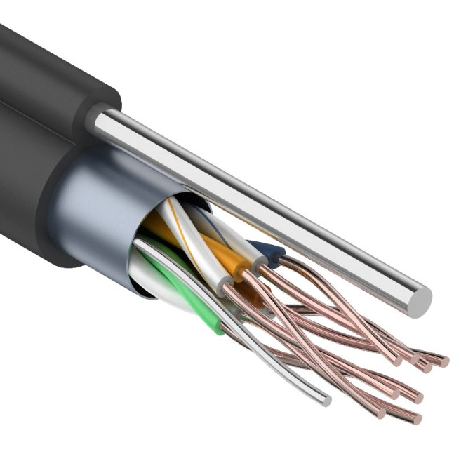 F/UTP, CAT 5e, PE, 4PR, 24AWG, OUTDOOR, SOLID, черный, с тросом, 305м, REXANT (01-0144), кабель «витая пара» (LAN) для структурированных систем связи