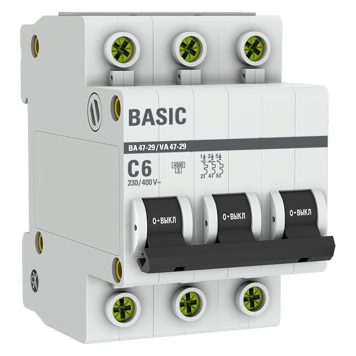 Автоматический выключатель 3P 6А (C) 4,5кА ВА 47-29 Basic (mcb4729-3-06C)