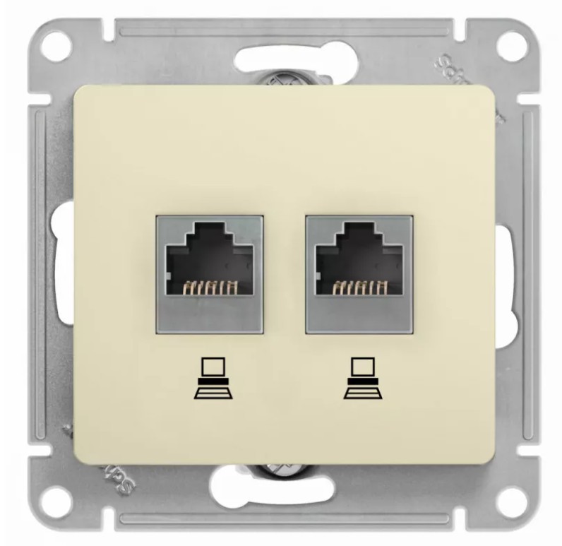 Glossa розетка телефонная RJ11 + компьютерная RJ45, 2-местная, кат. 5Е, скрытой установки, механизм, бежевый (GSL000285)