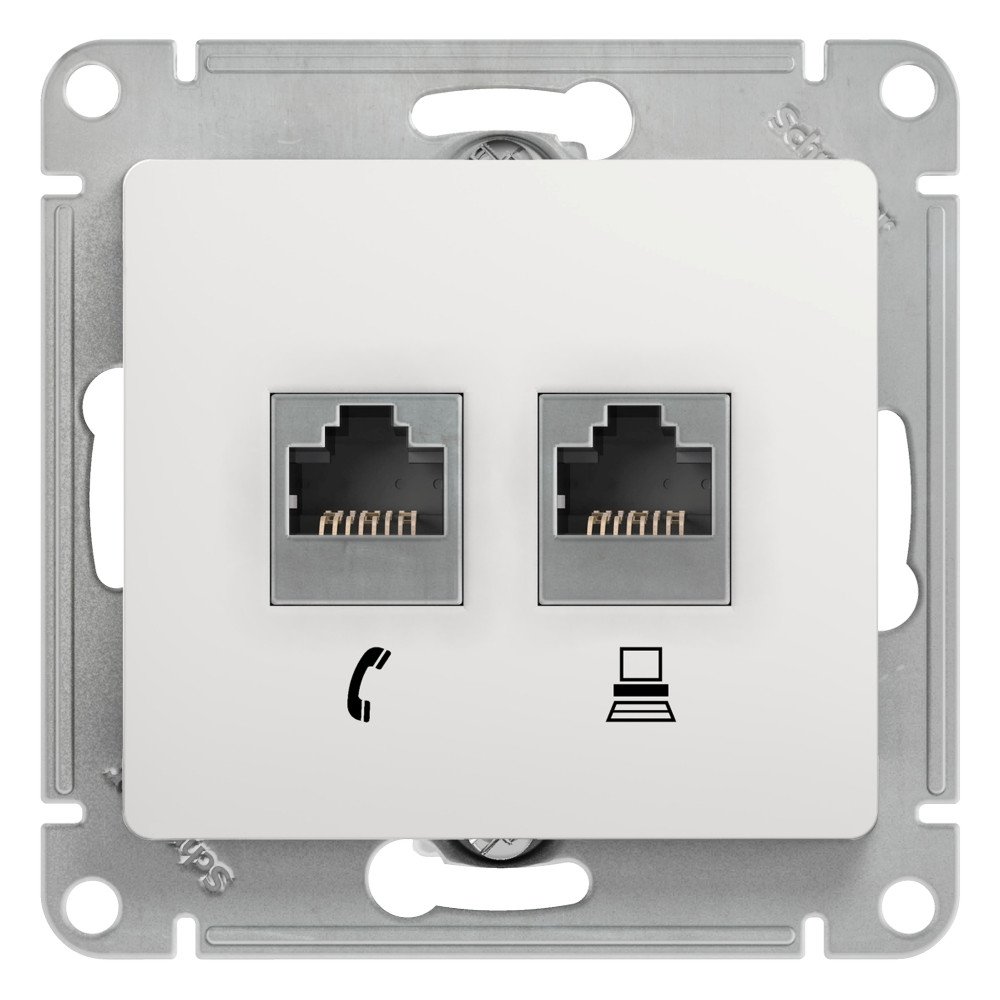 Glossa розетка телефонная RJ11 + компьютерная RJ45, 2-местная, кат. 5Е, скрытой установки, механизм, белый (GSL000185)