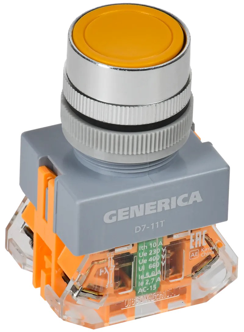 Кнопка управления D7-11T d=22мм с фиксацией желтая GENERICA (BBT50-11T-3-21-K05-G)