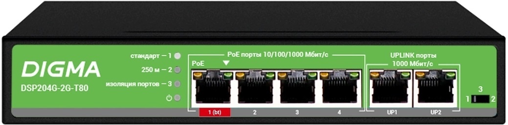 DSP204G-2G-T80 (L2) 6х1Гбит/с 4PoE 4PoE+ 1PoE++ 80W, коммутатор с питанием по PoE