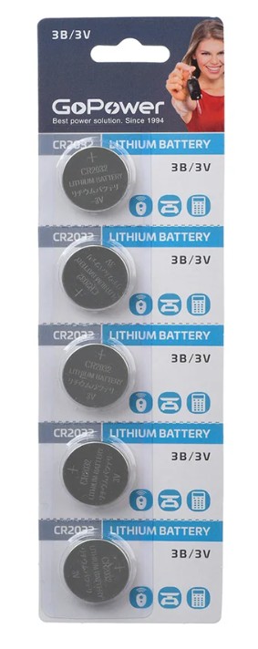CR2032 GoPower, упак. 5 шт., БЛИСТЕР, литиевый элемент питания