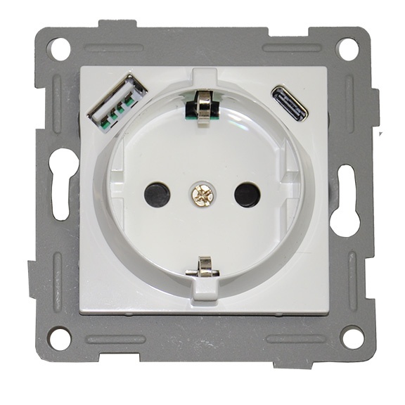 Розетка электрическая 2К+З/2xUSB A/C, белый (201005), розетка