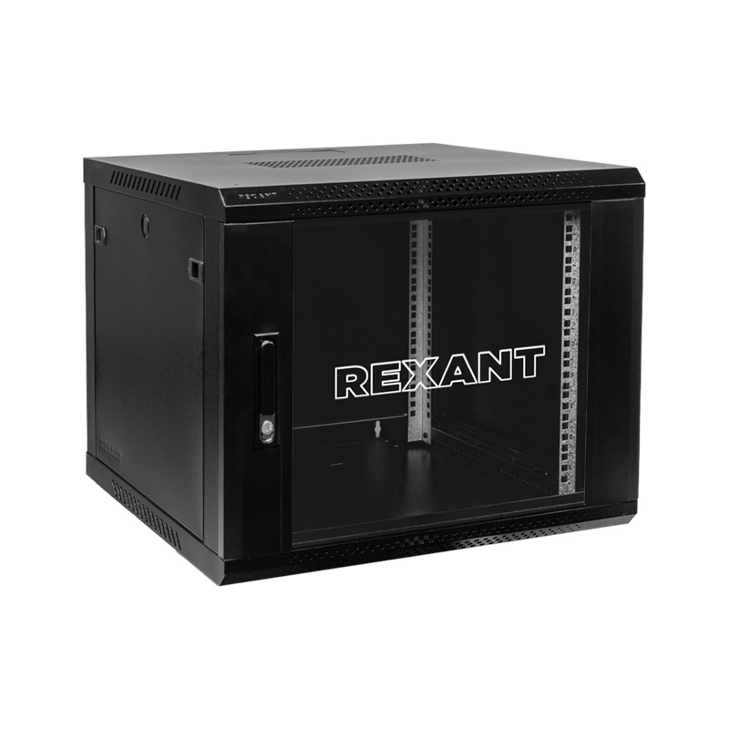Настенный шкаф 19" 9U 600х600х501, дверь сплошное стекло, черный, RAL 9005 REXANT (04-0966-112), шкаф телекоммуникационный 19" настенный 9U