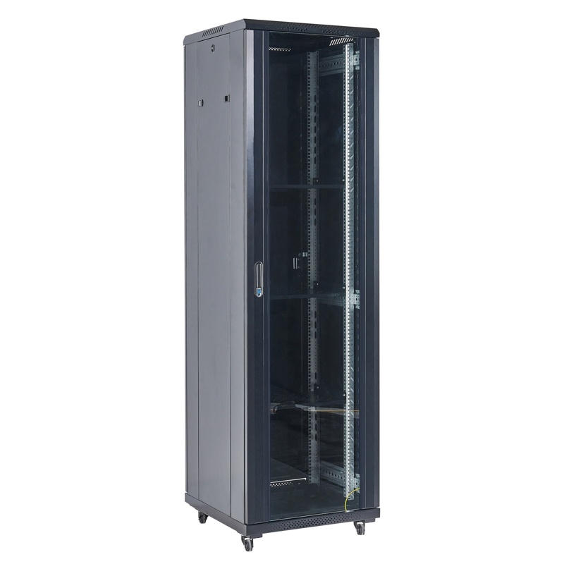 Напольный шкаф 19" 18U 600х600х987, дверь сплошное стекло, черный, RAL 9005 REXANT (04-1866-212), шкаф телекоммуникационный 19" напольный 18U