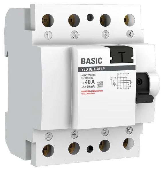 УЗО ВДТ-40 4P 40А/30мА Basic (elcb-4-40-30e-sim), выключатель дифференциального тока (УЗО)