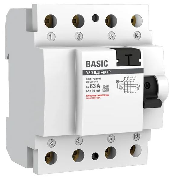 УЗО ВДТ-40 4P 63А/30мА Basic (elcb-4-63-30e-sim), выключатель дифференциального тока (УЗО)