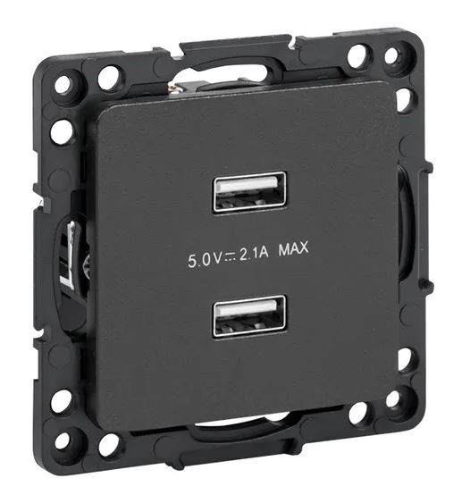 Стокгольм Механизм розетки USB 2-местной 2,1А винтовые клеммы черный (EZR16-028-10-2USB)