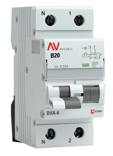 DVA-6 1P+N 20А B 30мА AC 6кА AVERES (rcbo6-1pn-20B-30-ac-av), автоматический выключатель дифференциального тока