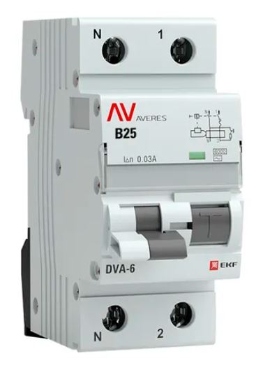 DVA-6 1P+N 25А B 30мА AC 6кА AVERES (rcbo6-1pn-25B-30-ac-av), автоматический выключатель дифференциального тока