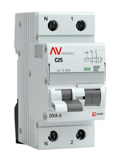DVA-6 1P+N 25А C 30мА A 6кА AVERES (rcbo6-1pn-25C-30-a-av), автоматический выключатель дифференциального тока