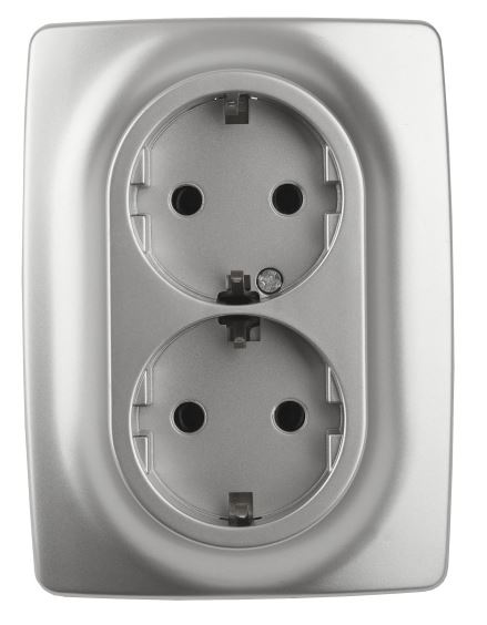 Розетка двойная 12-2106-03 16А IP20 250В 2X2P+E серия 12 алюминий Schuko (Б0031230), с заземлением