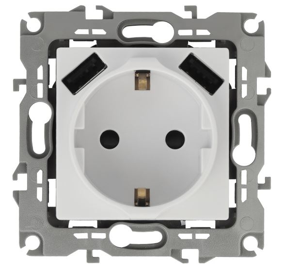 Розетка с 2xUSB 12-4109-01 16А 250В 5В-3А 2P+E серия 12 белый ЭРА (Б0047840), со шторками