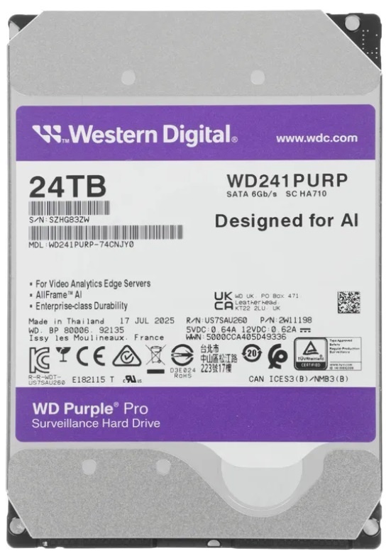 HDD 24000 GB (24 TB) SATA-III Purple Pro (WD241PURP), жесткий диск (HDD) для видеонаблюдения