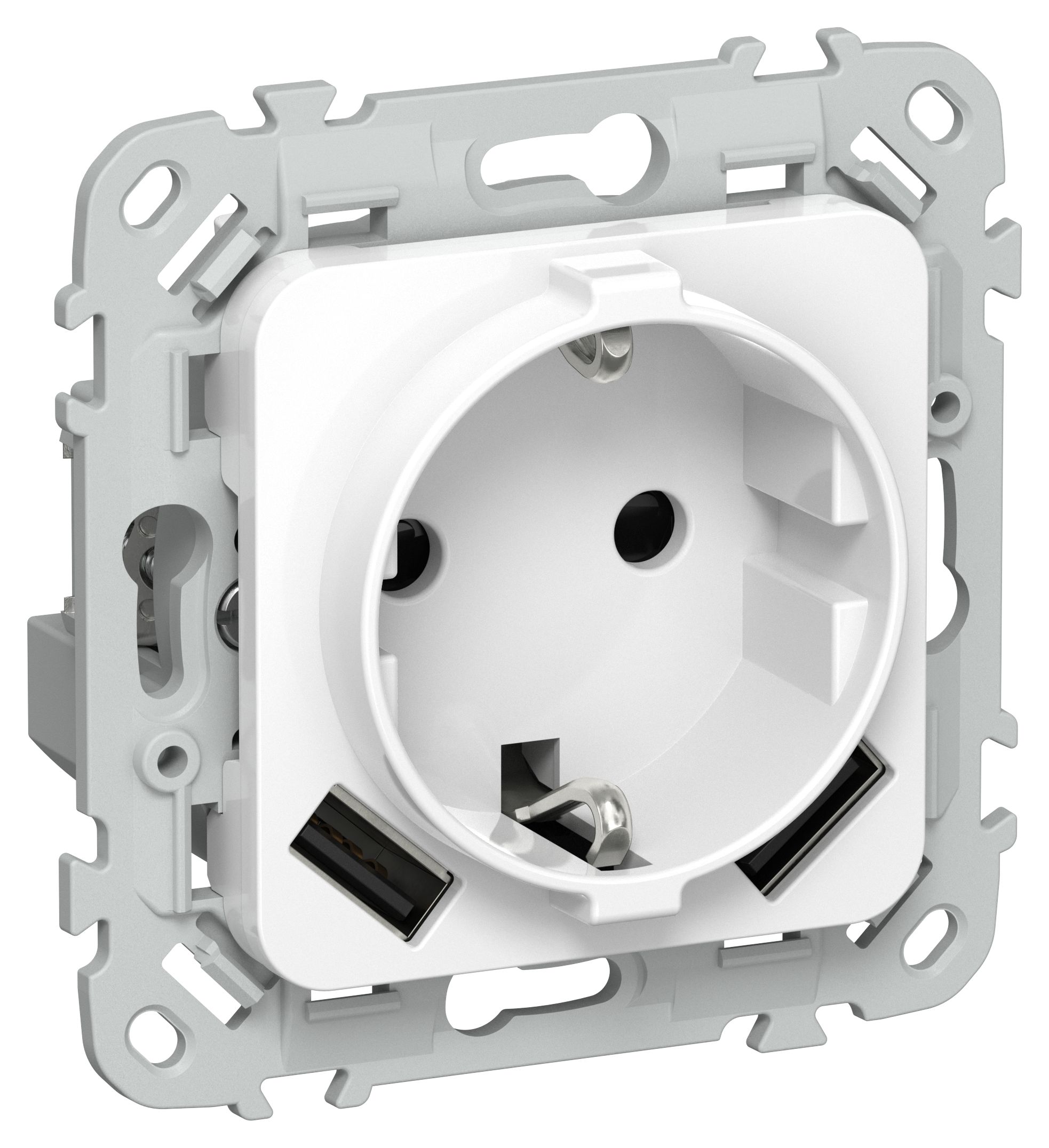 FLITE Розетка 1-местная с заземлением с защитными шторками 16А с USB A+A 3,1А безвинтовое крепление РСЮша11-1-ФлБ скрытой установки белый (FI-R14-16-1-U21-D31-K01)