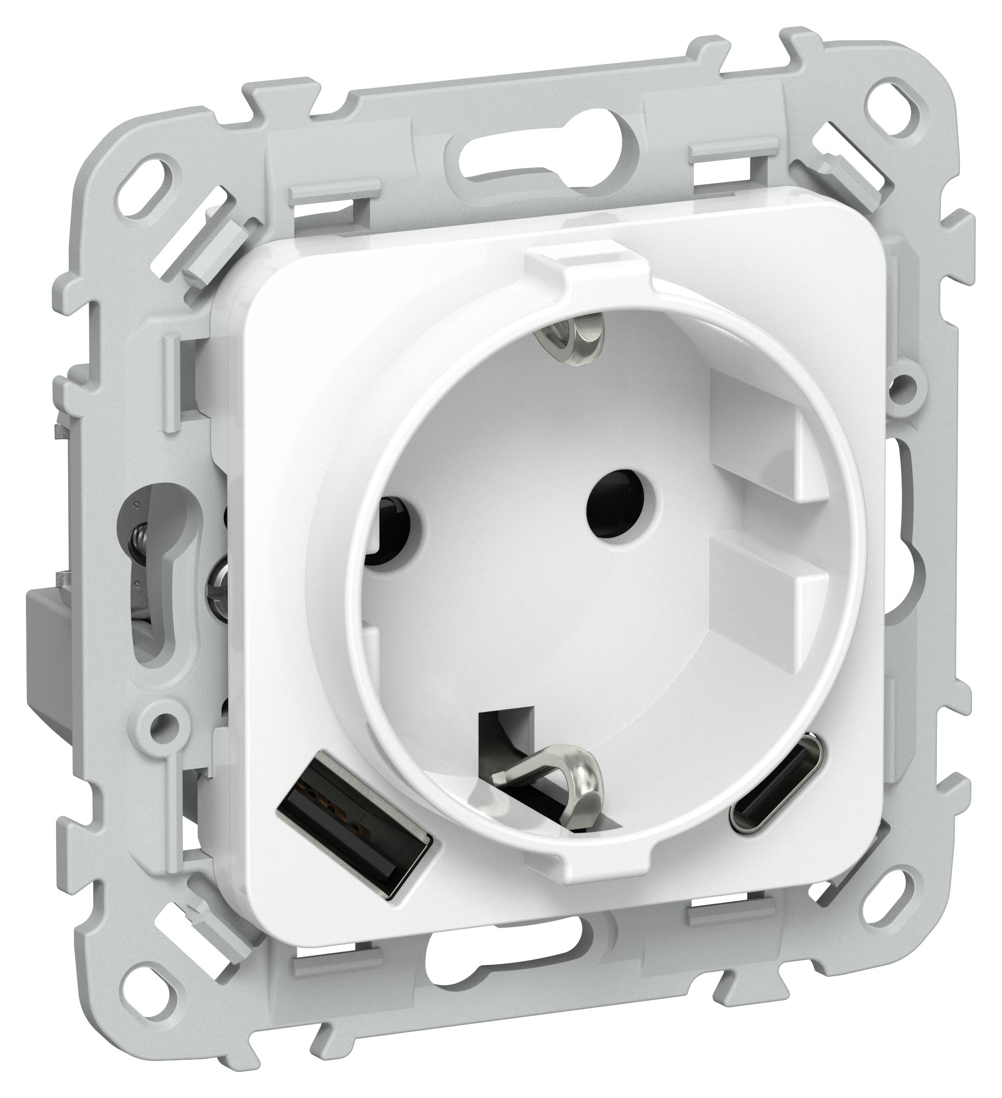 FLITE Розетка 1-местная с заземлением с защитными шторками 16А с USB A+C 20Вт безвинтовое крепление РСЮшс11-1-ФлБ скрытой установки белый (FI-R14-16-1-U22-020-K01)